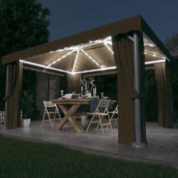 Tonnelle avec rideau et guirlande lumineuse &agrave; LED 4x3 m Taupe