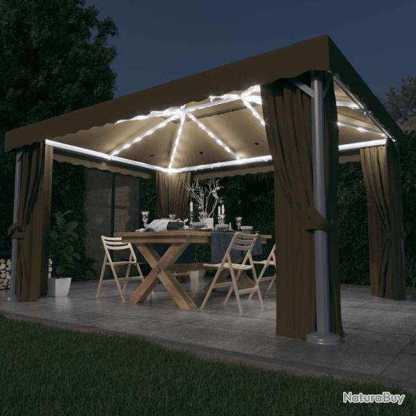 Tonnelle avec rideau et guirlande lumineuse � LED 4x3 m Taupe