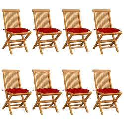 Chaises pliantes avec coussins rouges, 8 pi&egrave;ces, en teck massif