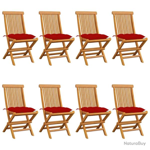 Chaises pliantes avec coussins rouges, 8 pi�ces, en teck massif