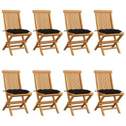 Chaises pliantes avec coussins noirs, 8 pi&egrave;ces, en teck massif