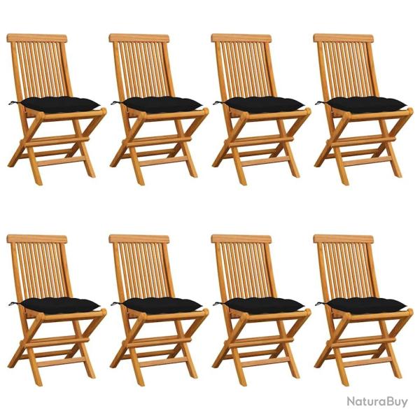 Chaises pliantes avec coussins noirs, 8 pi�ces, en teck massif