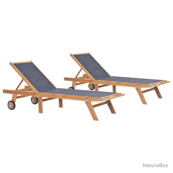 Chaises longues pliables et roulettes lot de 2 Teck textil�ne