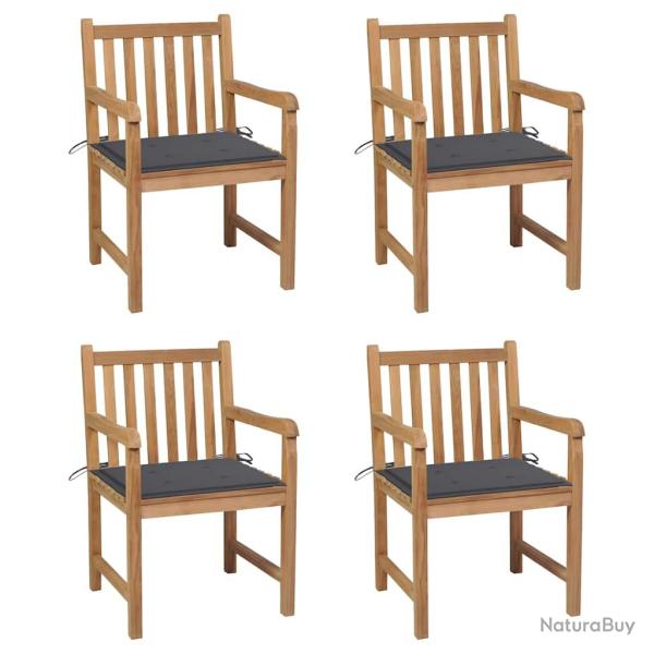 Lot de 4 chaises avec coussins, teck solide, anthracite, pour le jardin