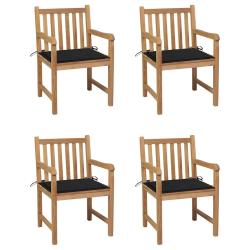 Lot de 4 chaises avec coussins noirs, bois de teck solide, pour le jardin
