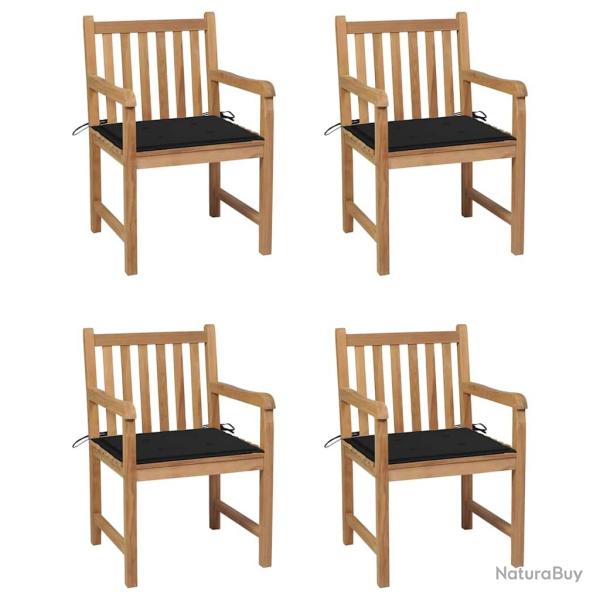 Lot de 4 chaises avec coussins noirs, bois de teck solide, pour le jardin