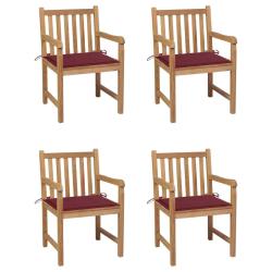 Lot de 4 chaises avec coussins, teck solide, bordeaux, pour le jardin