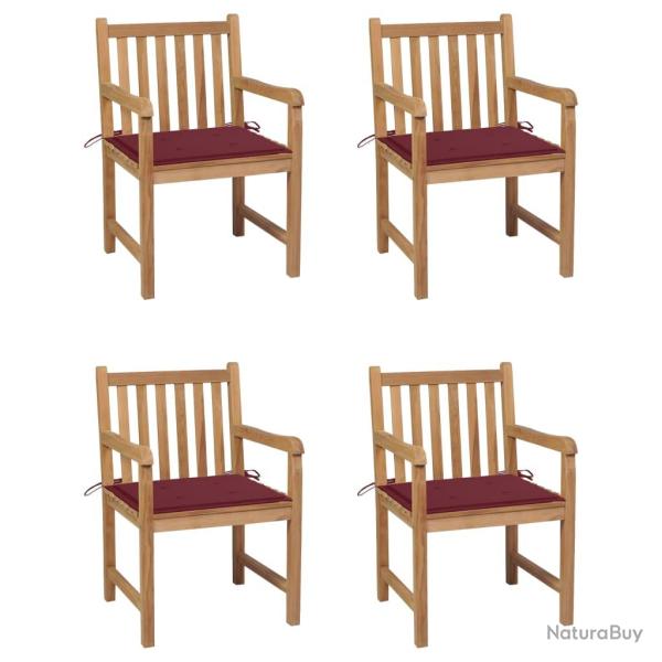 Lot de 4 chaises avec coussins, teck solide, bordeaux, pour le jardin
