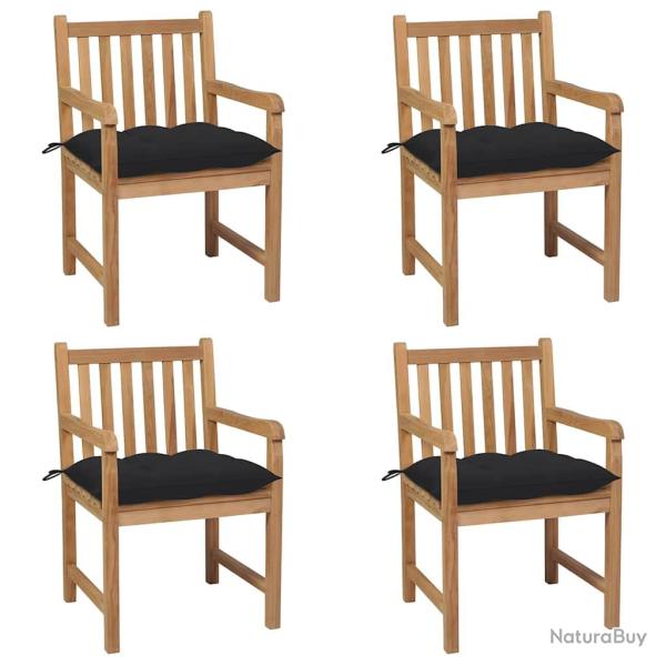 Chaises de lot de 4 et coussins noir Bois de teck solide