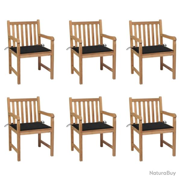 Chaises de lot de 6 et coussins noir Bois de teck massif