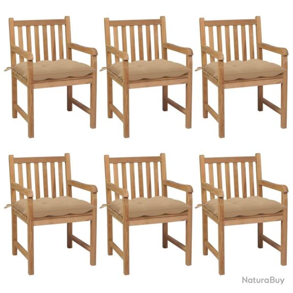 Chaises de lot de 6 et coussins beige bois teck solide