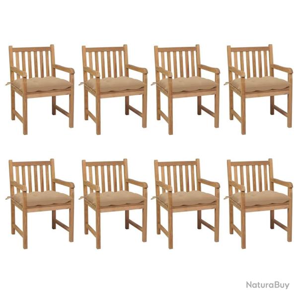 Chaises avec coussins, 8 pi�ces, en bois de teck massif, beiges