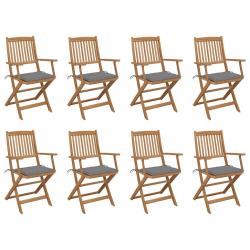 Chaises pliantes avec coussins, 8 pi&egrave;ces, en bois d'acacia massif