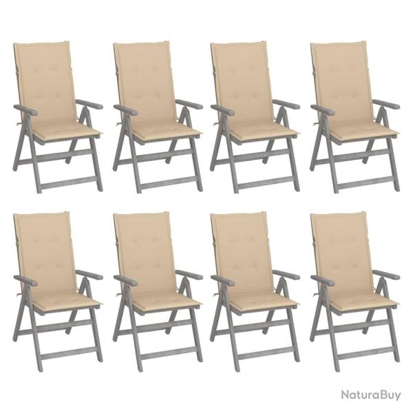 Chaises inclinables avec coussins, 8 pi�ces, en acacia, grises