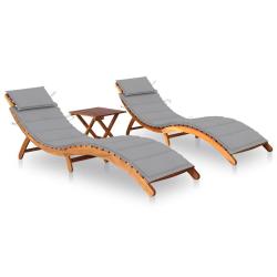 Chaises longues, 2 pi&egrave;ces, avec table et coussins, acacia solide, pour le jardin
