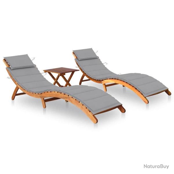 Chaises longues, 2 pi�ces, avec table et coussins, acacia solide, pour le jardin