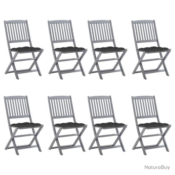 Chaises pliantes, 8 pi�ces, avec coussins, en bois massif d'acacia