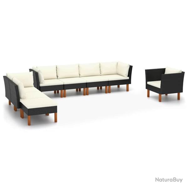 Salon de 8 pcs R�sine tress�e et bois d'eucalyptus Noir
