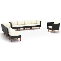 Salon de 9 pcs R&eacute;sine tress&eacute;e et bois d'eucalyptus Noir