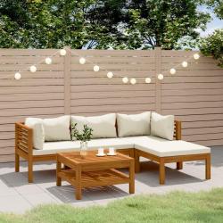 Salon de 5 pcs avec coussin cr&egrave;me Bois d'acacia solide
