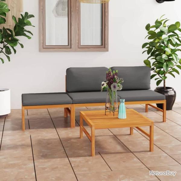 Salon de 4 pcs avec coussins gris Bois de teck solide