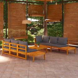 Salon de 5 pi&egrave;ces avec coussins gris fonc&eacute;, en bois d'acacia