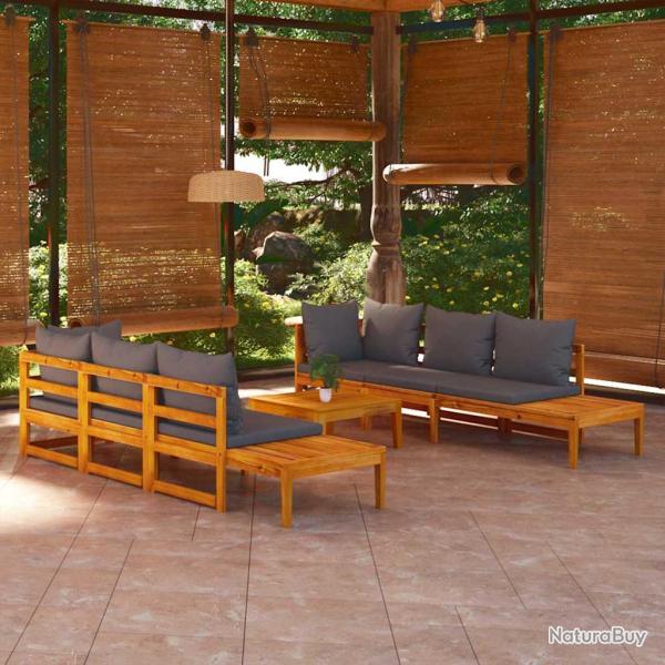Salon de 5 pi�ces avec coussins gris fonc�, en bois d'acacia