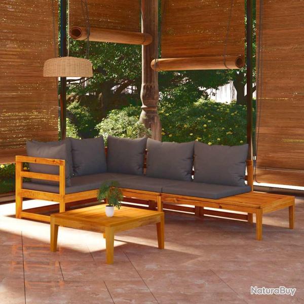 Salon 4 pi�ces avec coussins gris fonc�, en bois d'acacia