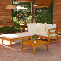 Salon 3 pi&egrave;ces avec coussins, en bois d'acacia blanc cr&egrave;me