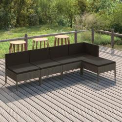 Salon de 5 pi&egrave;ces avec coussins gris, en r&eacute;sine tress&eacute;e, pour le jardin