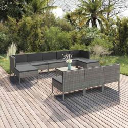 Salon de 11 pi&egrave;ces avec coussins, gris, en r&eacute;sine tress&eacute;e pour le jardin