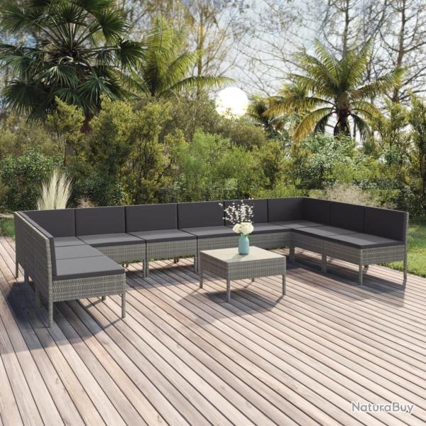 Salon de 11 pcs avec coussins R�sine tress�e Gris