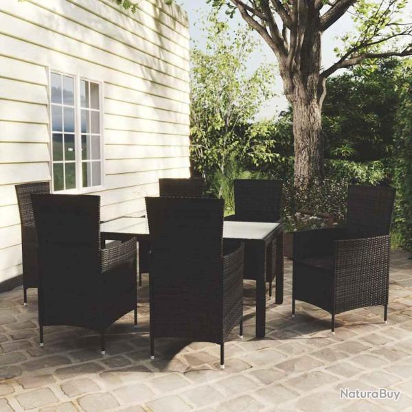 Salon de 7 pi�ces avec coussins, en r�sine tress�e noire, pour le jardin