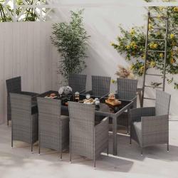 Ensemble &agrave; manger d'ext&eacute;rieur, 9 pi&egrave;ces, coussins, en r&eacute;sine tress&eacute;e grise, pour le jardin