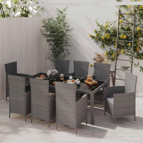 Ensemble � manger d'ext�rieur, 9 pi�ces, coussins, en r�sine tress�e grise, pour le jardin