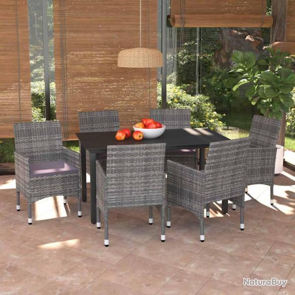 Ensemble de salle � manger avec coussins, 7 pi�ces, r�sine tress�e, gris