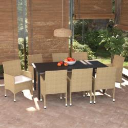 Ensemble &agrave; manger de et coussins 9 pcs Poly rotin Beige