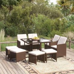 Ensemble &agrave; manger de et coussins 9 pcs Poly rotin Marron
