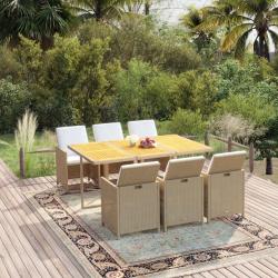 Ensemble &agrave; manger de et coussins 7 pcs Poly rotin Beige