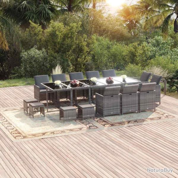 Ensemble � manger avec coussins, 15 pi�ces, r�sine tress�e grise, pour la terrasse