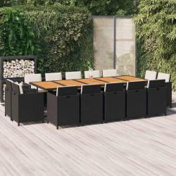 Ensemble &agrave; manger avec coussins, 15 pi&egrave;ces, r&eacute;sine tress&eacute;e noire, pour la terrasse