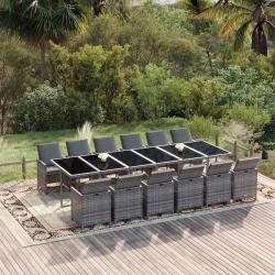 Ensemble &agrave; manger avec coussins, 13 pi&egrave;ces, r&eacute;sine tress&eacute;e grise, pour la terrasse