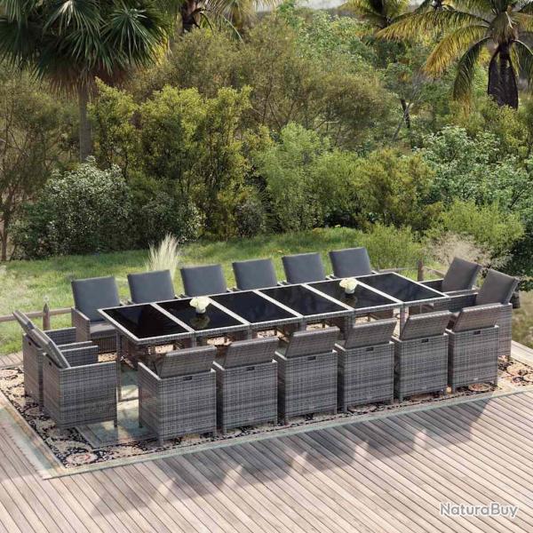 Ensemble � manger avec coussins, 17 pi�ces, r�sine tress�e grise, pour la terrasse