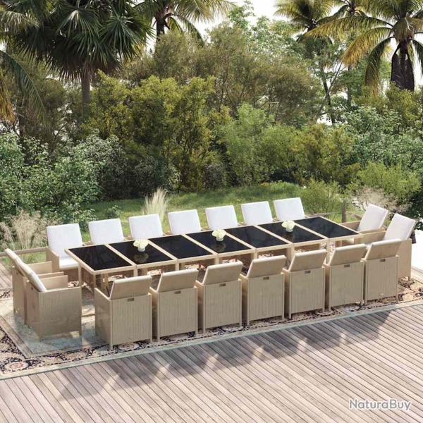 Ensemble de repas avec coussins, 19 pi�ces, en r�sine tress�e, beige, pour le salon
