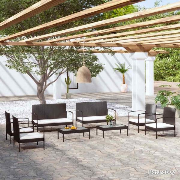 Salon de jardin 8 pi�ces avec coussins noirs, en r�sine tress�e