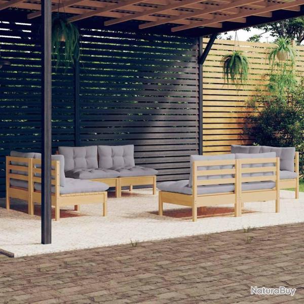 Salon 8 pi�ces avec coussins gris, en bois de pin