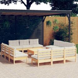 Salon de 13 pcs avec coussins cr&egrave;me bois de pin