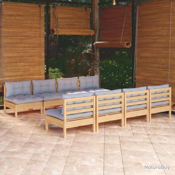 Salon 9 pi�ces avec coussins gris, en bois de pin massif