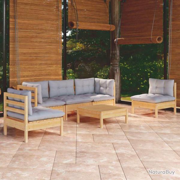 Salon de 6 pi�ces avec coussins gris, en bois de pin massif