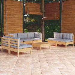 Salon 8 pi&egrave;ces avec coussins gris, en bois de pin massif